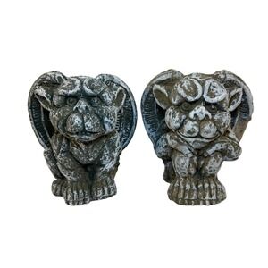 Vintage Style Gargoyle Statues Set of 2 Gothic Garden Home Decor Grey Cement 6"